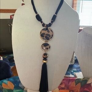 Chico's Animal Print Pendant Necklace with Black Tassel